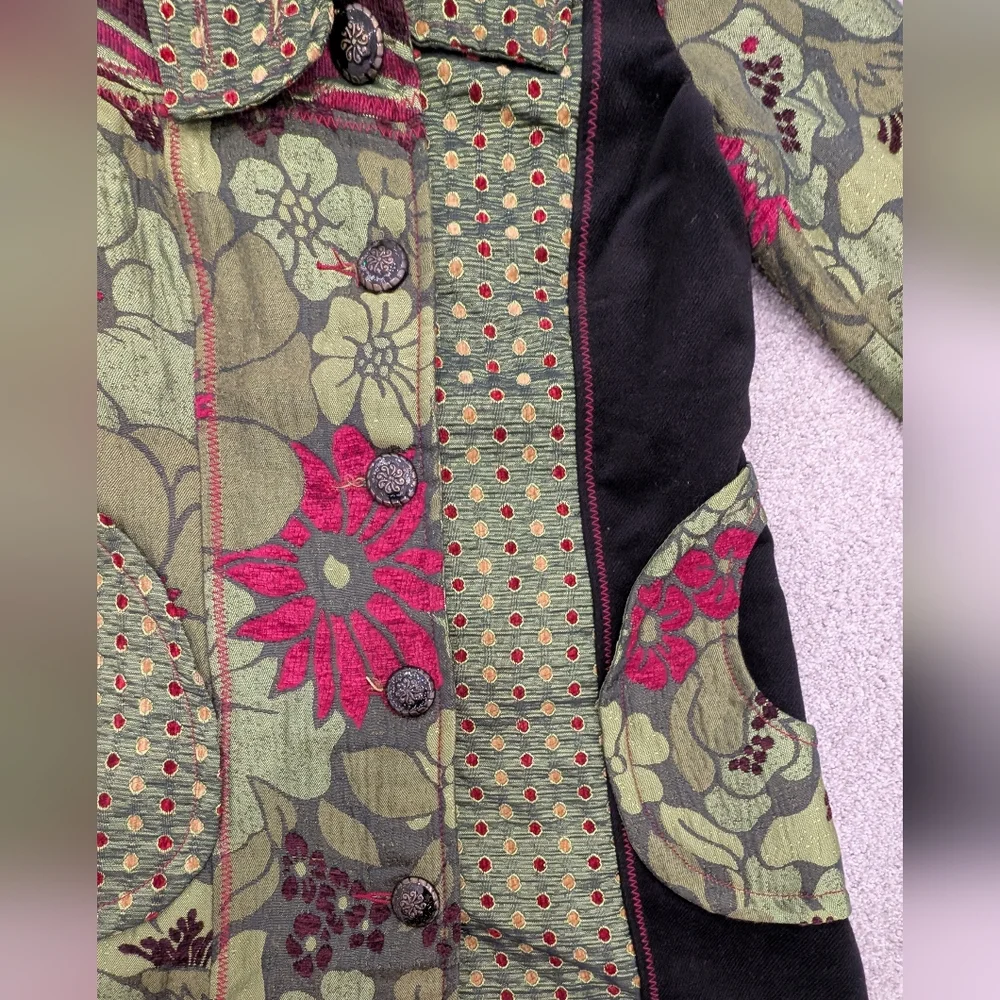 GUC Neslay Paris Women Sz S Jacquard Long Blazer Jacket Black Green Floral Fairy - Picture 3 of 11